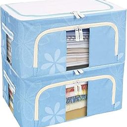 FLYNGO Foldable Steel Frame Clothes Organizer Storage Box For Wardrobe, Saree, Shirts, And Blankets (24 Ltr - Pack Of 2, Oxford Fabric), Blue-31