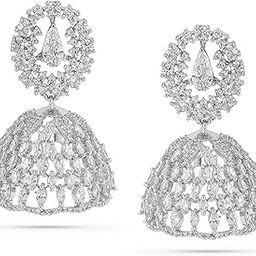 Rhodium Plated White Cubic Zirconia Studded Dome-Shaped Jhumka Earrings for Women – Weddings & Special Occasions-image-80