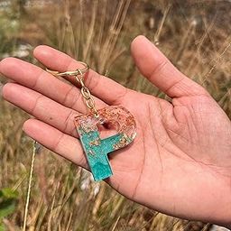 Foil Design Resin Keychain Resin Alphabet Initial Letter Keychain Key Ring for Men Women Girls Purse Handbags | Turquoise |Copper | CJ-6XKY-13HC_New-34