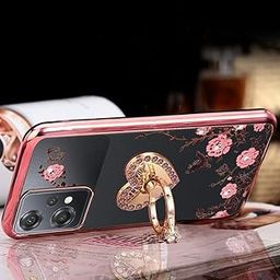 KC Back Cover for Oneplus Nord CE 2 Lite 5G, Heart Ring Bling Rhinestone Floral 360 Diamond Finger Heart Ring Holder Stand Silicone Case (Rose Gold Pink)-27