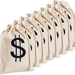 Apipi 8Pcs 6.3 x 9 Inches Canvas Money Bags - Halloween Prop Money Bag with Dollar Sign, Money Sacks for Bank Robber Costume Pirate Cowboy Cosplay Theme Party-image-12