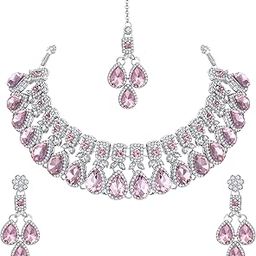 Kundan Polki and Crystals Traditional Necklace with Earrings and Maang Tikka for Women - Jewellery Set for Party, Wedding, Engagement-image-37