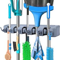 LPV TRADERS Polypropylene Heavy Duty Wall Mounted Broom Holder,Mop Holder| Mop & Tool Organizer with 5 Slots & 6 Hooks| Durable ABS Material| Grey| Ideal for Home, Garage, Garden,Office Organization-image-1