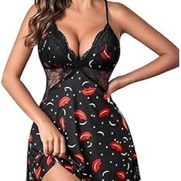 Women's Lace Babydoll Nightwear | Deep V-Neck Sexy Lingerie Sleepwear with Adjustable Straps | Black Nightdress with Red Lip Print & Polka Dot Design-image-39