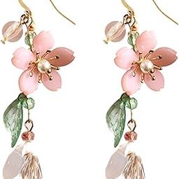 Pink Flower Dangle Earrings for Women Cute Pearl Leaf Sakura Leaf Earrings Fairy Statement Summer Refreshing Seaside Idyllic Holiday Earrings…-28