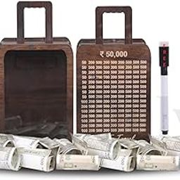 GaxQuly Wooden Money/Piggy Bank Coin Box with Carved Design Money Collection Cash Box, Cash Vault Savings Challenge Bank Donation Box Smart Gullak with Numbers & Marker for Kids/Children (Travel)-image-98