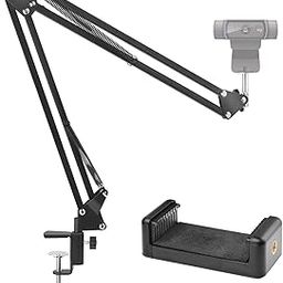 SHOPEE Webcam Stand, 28" Webcam Camera Clamp Mount Adjustable Desktop Suspension Boom Scissor Tripod Stand Built-in 1/4" Screw Flexible Long Arm Swivel Holder with Mobile Clip Holder(Black)-image-98