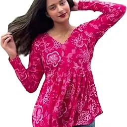 Women Jaipuri Printed Viscose Rayon Angrakha Flared Short Kurti-image-42