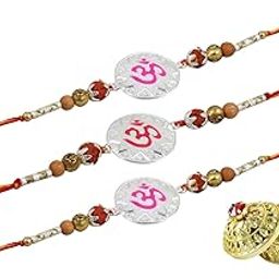 Pure 999 Silver Nakshi OM Rakhis for Brother (Set of 3), Meena Rakhi for Rakshabandhan, Rudraksh-Tulsi Beads Rakhi for Boys/Bhaiya with Golden Kumkum Dabbi-4