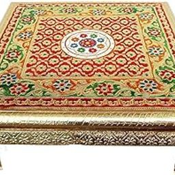 Handicrafts Pooja Chowki Fancy Aluminium Foil Designer Bajot | Peeta for Religious Purpose Wooden Chowki (24x24 inches)-image-67