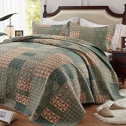 LEAONME 3 Pieces California King Size Quilt Set Olive Green Oversized 120x120 Inch Bedspread Coverlet Lightweight Microfiber Paisley Bed Cover for All Seasons (1 Quilt, 2 Pillow Shams)-image-71