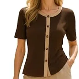 jc jummy couture Women Contrast Button Ribbed Top Short Sleeve Elegant Blouse Casual & Office Wear Stylish top Available in White, Navy, Black, Coffee-picture-1