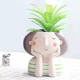 My Green Nest Combo Pack of 2 pcs Yellow Girl,Green Thinking Girl, Imported Resin Pots Unique & Trendy Design Succulent Pots-picture-18