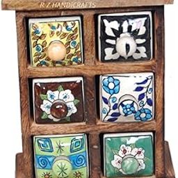 Wooden Drawer Chest With Ceramic Drawers 6 Containers Used For Home Office Jewelry Spices Multipurpose Trinket Box-image-18