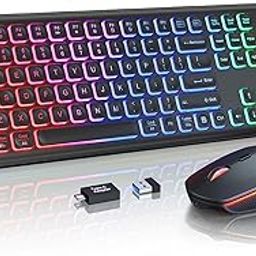 Wireless Keyboard and Mouse Combo Backlight, Rechargeable & RGB Letters, Full Size, Ergonomic Tilt Angle, Sleep Mode, PC, Trueque (Black)-0