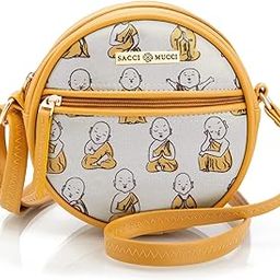 Women Fashion Cross-body Adjustable Sling Bags Vegan Leather and Coated Duck canvas Fabric- Cute Monk Design Print-image-14