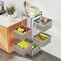 Kuber Industries Metal Square Mesh Rotating 5 Tier Onion Potato Rack for Kitchen | Kitchen Storage Rack for Home | Suitable Vegetable Basket Stand/Aloo Pyaz Trolley with Wheels | Silver-8