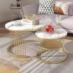 CROWN ART SHOPPEE The Round Coffee Table and The Stacking Tea Table with a Gold Metal Frame are Two Versatile Modern Center Tables That Look Great in Living Rooms (White Gold)-12