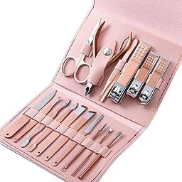 XMOSNZ Manicure Set 16 in 1 Stainless Steel Nail Clipper Kit Professional Grooming Kits Face Hand Foot Skin Care and Nail Care Tools with Pink Leather Travel Case-image-114