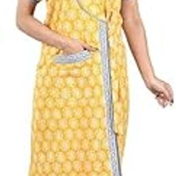 Beallamy Women's Pure Cotton Printed House Coat,Front Open Adjustable Nighty/Night wear A3015-XXL Yellow-image-73