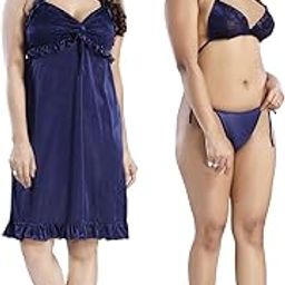 Solid Plain Short Nighty Set With lingirie set (1 nighty, 1 bra & a panty) | Attractive & Stylish Night Wear | Comfy & Plain | For Women, Wife, Girlfriend-picture-7