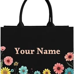 rerden Personalized Floral Tote Bag, Black Canvas with Colorful Daisies, Customizable Name Design, Shopping Carryall-picture-18