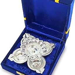 Diya German Silver Oil Lamp with Blue Velvet Box Silver Plated Panchmukhi Dia Pooja Items Home Decoration Puja Gifts Handmade Diwali Gift Traditional Indian Dhanteras Deepawali Upahaar-image-93