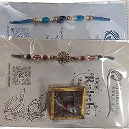 Mamushka Bhaiya Evil Eye & Mamushka Ganesh ji Rakhi Set for Brother Designer for Unisex Adult Rakshabandhan Bracelet Evil Eye Hand & Ganeshji Rakhi Set with Chawal, Roli-image-2