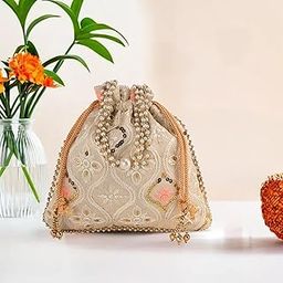 Kuber Industries Embroidery Potli Bags for Women with Pearl Handle & Drawstring | Indian Ethnic Potli Bags for Ladies for Wedding | Wrist Handbag Purse Batwa | Lakhnavi Print - Cream-37