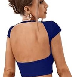 Solid Slim Fit Tee Backless Western Stylish Short Sleeve Ribbed Crop Top For Women's & Girls-image-19