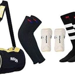 MattZig® Pro Football Kit (One Pair of Striped Lycra Football Socks + One Pair of Elite Shin Guard + One Pair of Cotton Arm Sleeves + One Kit Bag) (White, Yellow)-image-51