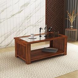 Ganpati Arts Solid Sheesham Wood Coffee Table with Glass Top and 1 Large Shelf Wooden Center Table for Home and Living Room (Natural Finish) 1 Year Warranty-24