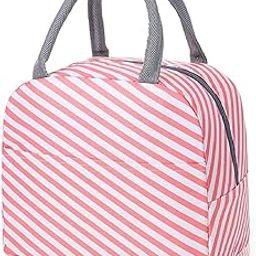 House of Quirk Insulated Lunch Bags Small for Women Work,Student Kids to School,Thermal Cooler Tote Bag Picnic Organizer Storage Lunch Box Portable and Reusable (Pink Stripes, Oxford Fabric)-image-31