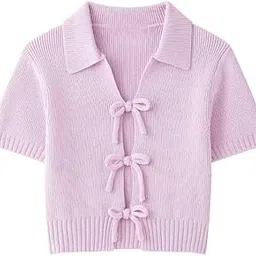 fizzoqi Women’s Tie Front Knit Cardigan | Lapel Short Sleeve Sweater with Ribbed Trim | Solid Color-picture-49