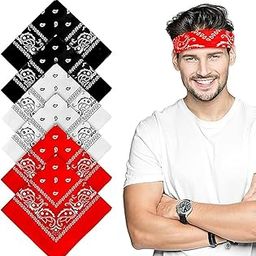 6PCS Bandana, Paisley Pattern Bandanas for Men Women, Face Mask Square Scarf Headwear, Black Red White Print Large Bandana Headbands, Handkerchiefs Head Wrap Scarf Wristband for Gift-8