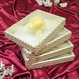 SATYAM KRAFT 3 Pcs Multipurpose Decorative Folding Gift Box | Folding Paper Hamper Boxes for Return Gifts, Sweets, DIY Craft | Rectangular Cardboard Tray with Net (Golden, Pack of 3)-91