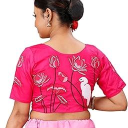 Women's Trending Readymade Cotton Blend Embroiderd Short Sleeve Round Neck Ready to Wear Saree Blouse-image-71