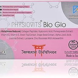 Physiovits Bio Glo | Japanese Reduced L Glutathione Tablets 600mg with Pomegranate Extracts, Hyaluronic Acid for better skin health | Promotes Glow with proageing effect | Veg Tablets-12