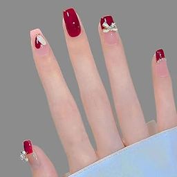 Secret Lives Glossy Reusable Artificial Pink & Red Color Combo with White 3D Bow & Pearl Fake False Press on Nails 24 Pieces Set with Kit-13