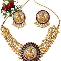 Gold Polished Pearl Choker Necklace with Maa Lakshmi Pendant Jewellery Set for Women for Bridal & Festive Jewelry in Gold Tone-image-81