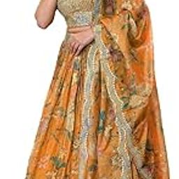 Women's Yellow Digital Print with Sequence Zari Embroidery Work Semi-Sttiched Lehenga Choli Set-1