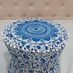 Jain-House Rajsthani Style White Background with and Blue Color Flower Pouf Mudda Cover Size 18X17 Inch 1PC-image-17