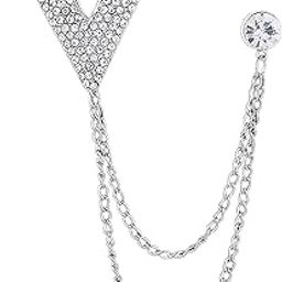 Men's & Women Suit Shirt Stud Lapel Pin Chain Tassel Brooch Pin with Crystal Chain(Big V silver)-image-47