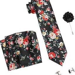 axlon Formal/Casual Printed Polyester Necktie Set with Pocket Square, Brooch Pin and Cufflinks for Men (Free Size, Black)-picture-10