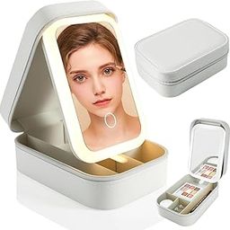 NPB Store Travel Makeup Bag, Makeup Bag with LED Lighted, Portable Cosmetic Bag with Mirror, Make up Bag 3 Color Setting, Beauty Tools Waterproof Organizer Bag, Gift for Women - White-image-3