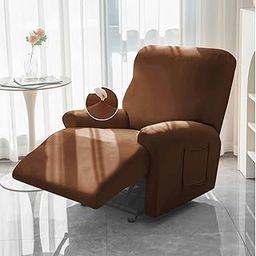 HOKIPO Recliner Stretch Sofa Slipcover 1 Seater Fully Covered 4-Piece Set Machine Washable Furniture Protector with Elasticity for Kids Pet, Brown (NEW-4740-BR)-image-17