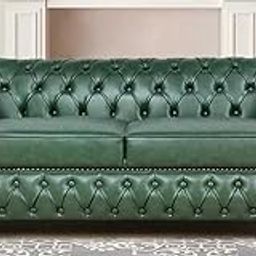 INTERIOR FURNITURE | Hand-Made Velvet 2 Seater Modern Chesterfield Button Tufted Sofa for Living Room, Office, Hallway, Bedroom(Green Leather) 2-Person Sofa-image-26
