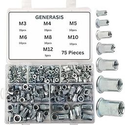 Generasis Metric Rivet Nut Kit - Zinc Plated, Flat Head, Knurled Body, Threaded Insert - 7 Sizes M3, M4, M5, M6, M8, M10, M12 (Metric Rivet Small Assortment Kit, 75 Pieces 7 Sizes)-16