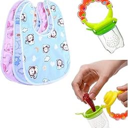 VIN® Silicone Organic Baby BPA-Free Combo of 1 Food Nibbler and 3 Cotton Waterproof Bibs with Titch Button |Sucker Toy Sound Rattle for Feeding Infants and Toddlers (Pack Of 4)-image-38
