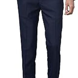 Men's Slim Fit Poly Viscose Blend Flat Front Structure Pattern Dark Blue Formal Trouser-image-13